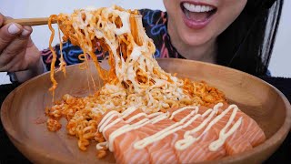 SPICY CHEESY SAMYANG NOODLES WITH SALMON SASHIMI (ASMR EATING SOUNDS) LIGHT WHISPERS | SAS-ASMR