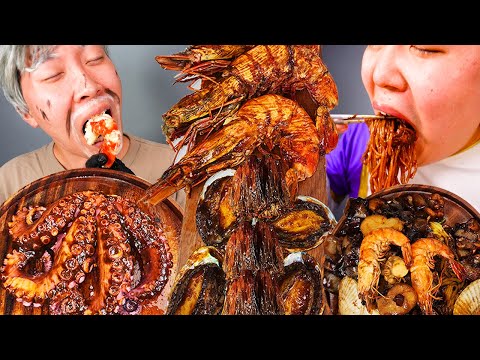 Mukbang ASMR black bean noodles octopus seafood boil 🐙 jjajangmyeon with baby shark 😊 recipe