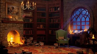 Old Library Room | Study Ambience | Crackling Fireplace Sounds, Howling Wind