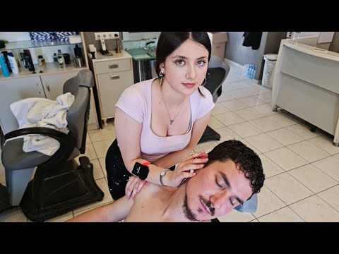 💈YOUNG ASMR BARBER VIOLET’s FIRST CUSTOMER | FOAMY HAIR WASH, HEAD, FACE MASSAGE & BACK SCRATCHING