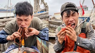 【大食い 】Chinese fishermen eat octopus, Boston lobster, scallops, clams, crabs, razor clams, conches