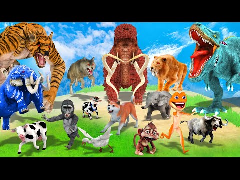 Giant Elephant Cow Gorilla vs Zombie Dinosaur Tiger Wolf Attack 2 Baby Elephant Saved By Mammoth