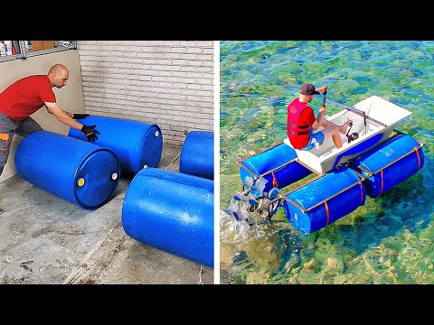 Catamarán DIY hecho con una bañera y barriles