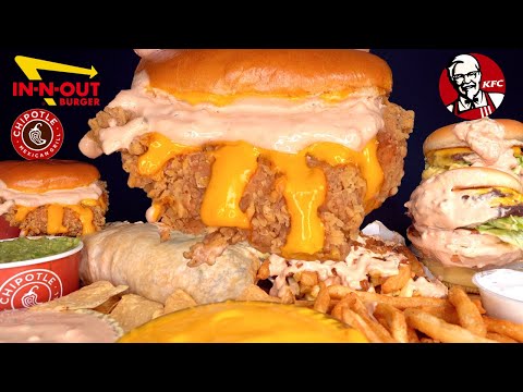 ASMR MUKBANG ANIMAL STYLE KFC IN-N-OUT CHIPOTLE GIANT BURRITO CHICKEN BURGERS & FRIES | WITH CHEESE