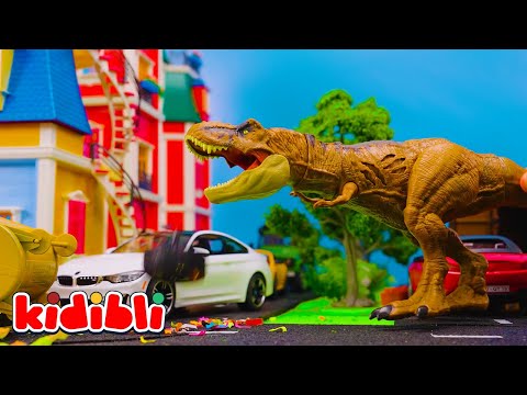 Toy Dinosaur Attack! Firefighter Rescue Mission with Helicopter 🦖 Kids Dino Jurassic Toys | Kidibli