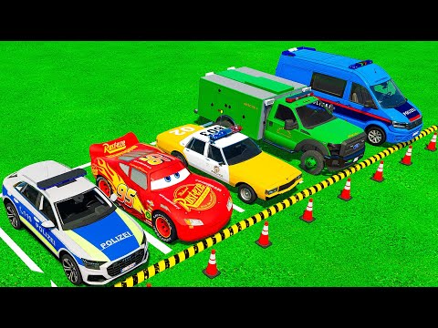 POLICE CARS MCQUEEN, AMBULANCE TRANSPORTING WITH BIG TRUCKS! Farming Simulator 2022