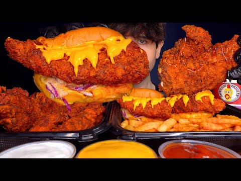 ASMR MUKBANG DAVES HOT CHICKEN BURGERS SPICY FRIED CHICKEN CHICKEN NUGGETS & FRIES | WITH CHEESE