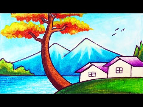 Scenery Drawing | How To Draw Easy Mountain and Lake Scenery With Oil Pastels