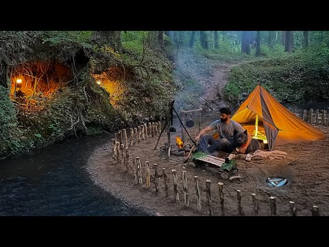 7 DAYS solo survival CAMPING; Catch and Cook, Primitive Fishing. Bushcraft Tarp Shelter