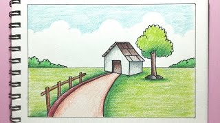 Menggambar pemandangan rumah mudah buat pemula - How to draw simple scenery 