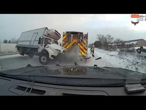 Box Truck and Firetruck in Traffic Incident | SWIFT Stuck Under Bridge | Container Trucks Crash