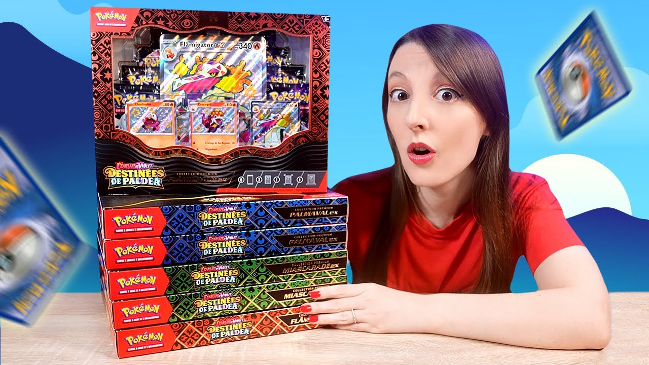 48 Boosters DESTINÉES DE PALDÉA ! 6 Coffrets Pokémon FLAMIGATOR, MIASCARADE et PALMAVAL Premium !