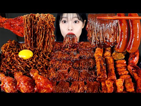 ASMR MUKBANG| 직접 만든 불닭 짜장 버섯 양념치킨 소세지 먹방 & 레시피 SPICY MUSHROOMS AND FIRE NOODLES EATING