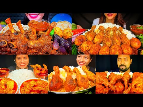 ASMR EATING SPICY CHICKEN CURRY, EGG CURRY, MUTTON CURRY, MUTTON FAT CURRY II INDIAN FOOD MUKBANG