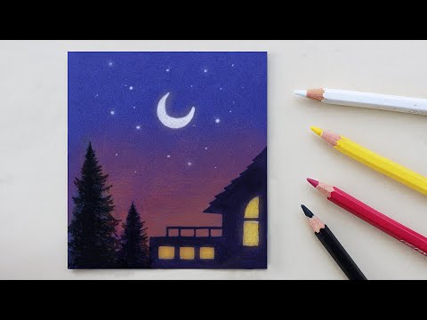 تعلم الرسم : كيف ترسم منظر طبيعي ليلي سهل بالالوان الخشبيه | رسم بيوت وشجر وهلال