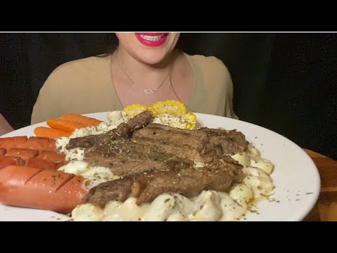 Mukbang asmr Ribeye steak & hotdog | creamy potato gonocchi شريحة لحم والنقانق مع فطائر البطاطا