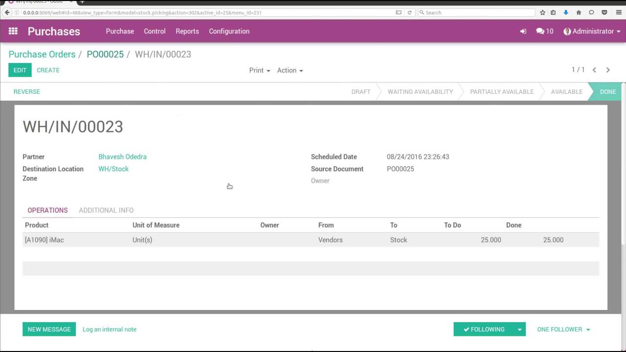 Odoo 9: Purchase order line "Received quantity" | 25.08.2016

Impacted versions: Odoo 9.0 Steps to reproduce: - Create Purchase order - Add Product, quantity = 25 (as you add any positive ...