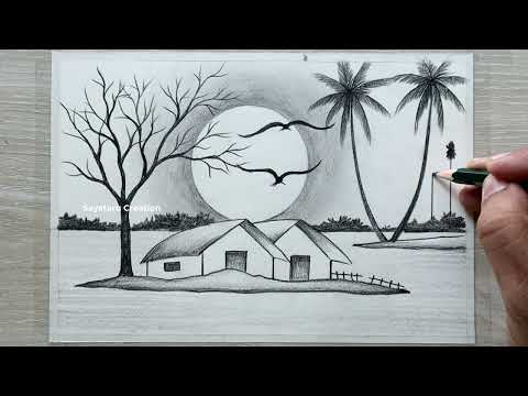 Beautiful Sunset Nature Drawing with Pencil, Pencil Sketch Drawing for Beginners