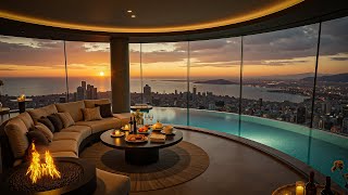 Luxury 4K Sunset Jazz 🌇 Penthouse Poolside Ambience with Fire & Ocean View