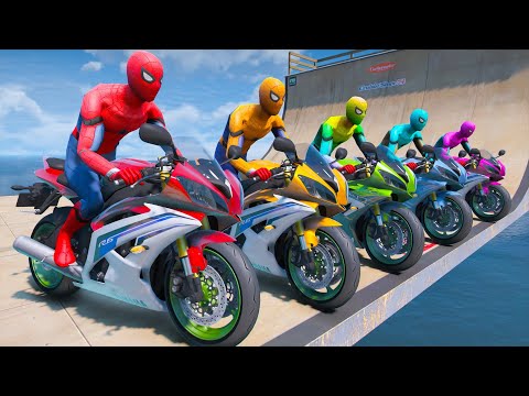 SPIDERMAN MOTORCYCLE RAMP CHALLENGE - IMPOSSIBLE DOMINO BRIDGE OBSTACLE