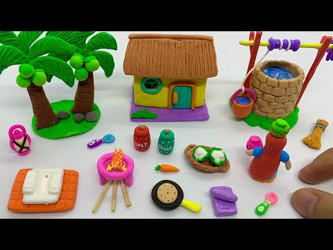 DIY How to make polymer clay miniature House, Kitchen set, Doll, Water well, Tree| Rosa DIY