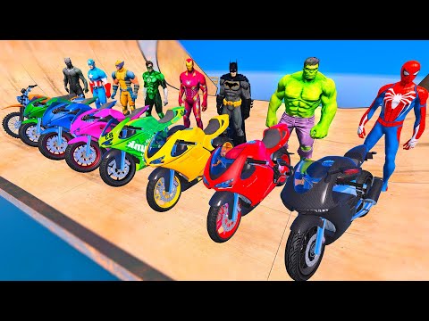 Spiderman Motorbikes Racing Challenge on Beach Mega Ramp With Superheroes Team Motos Race - GTA 5