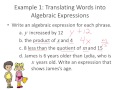 Translating Word Phrases into Algebraic Expressions