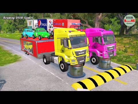 Double Flatbed Trailer Truck vs speed bumps|Busses vs speed bumps|Beamng Drive|1004