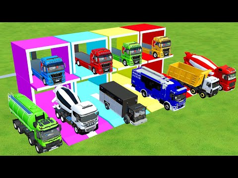 TRANSPORTING MIXER CEMENT TRUCK, DUMP TRUCK, POLICE CAR TO GARAGE WITH MAN TRUCK - FS22