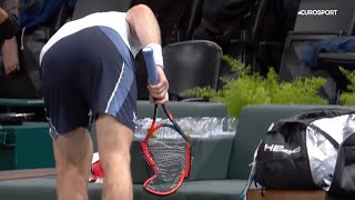 Andy Murray smashes his racquet after losing to Alex De Minaur in Paris Masters 2023