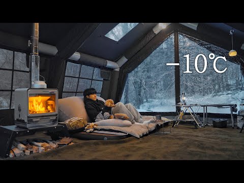 -10℃ Camping in Snow Field with My Dog . 2-Room Inflatable Tent . Wood Stove ASMR