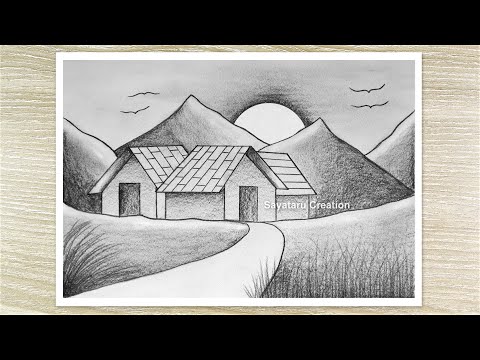 How to Draw Village Landscape with Pencil Sketch, Easy Pencil Drawing