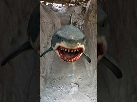 this mermaid is going in tunnel because shark fish is behind her