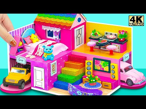 (Craft Ideas) DIY Miniature Rainbow Cardboard House with Garage and Furniture | DIY Miniature House