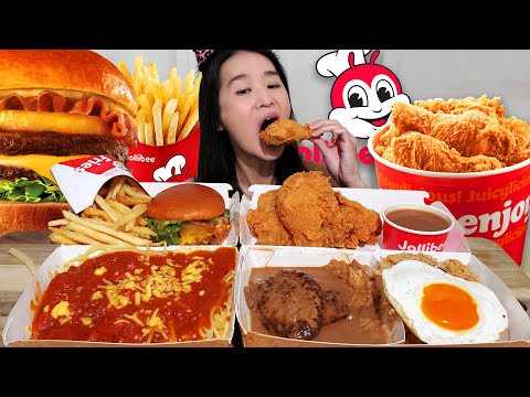 JOLIBEE MUKBANG! New Aloha Angus Cheeseburger! Burger Steak & Adobo Rice, Noodles & Chickenjoy ASMR