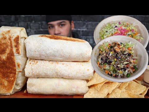 SPICY CHICKEN BURRITOS, BEEF BURRITOS, BURRITO BOWLS, CHIPS WITH SALSA AND QUESO AMSR MUKBANG