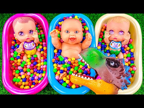 Rainbow Satisfying ASMR | Magic Mixing Candy in Three BathTubs with Slime M&M's & Angry Dinosaur