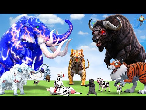 5 Giant Mammoth Elephant Cow Vs Giant Indian Bison Vs 5 Giant Lion Tiger Cow Saved By Woolly Mammoth