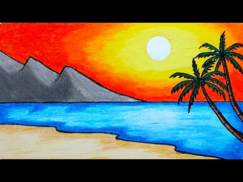 Gambar Pemandangan | Cara Mudah Menggambar Pemandangan Sunset Di Pantai Dengan Oil Pastels