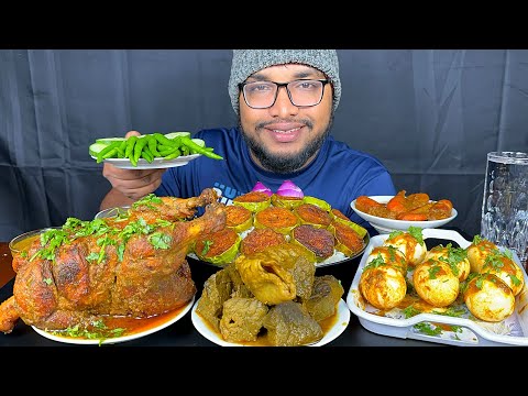 FULL CHICKEN CURRY, MUTTON LUNGS CURRY, EGG CURRY AND PRAWNS CURRY WITH RICE EATING,  INDIAN FOOD