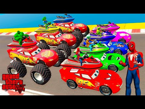 Spiderman & Super Heroes Race In Mega Ramps By Mack Trucks & Sea Bikes Super Cars