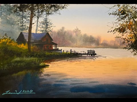 Tranquil Lakeside Cabin Watercolour Painting