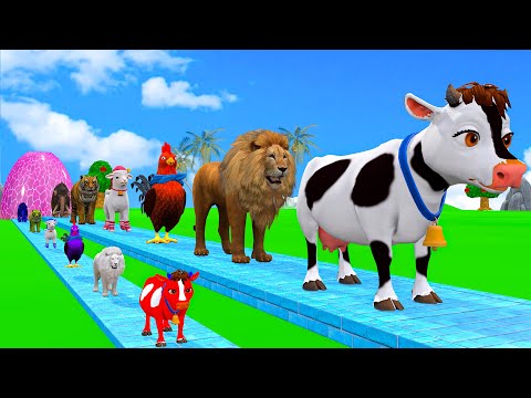 Paint & Animals Cow,Gorilla,Elephant,Giraffe,Tiger,Lion, Fountain Crossing Transformation Cartoon