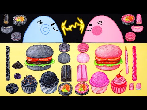 Black VS  Pink Color Food Mukbang with SLIME! 슬라임의 블랙핑크 먹방 챌린지 스톱모션!