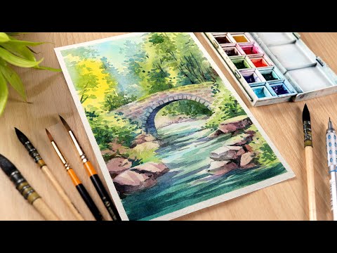 Watercolor Painting of Rock Bridge and Waterfall Stream Landscape