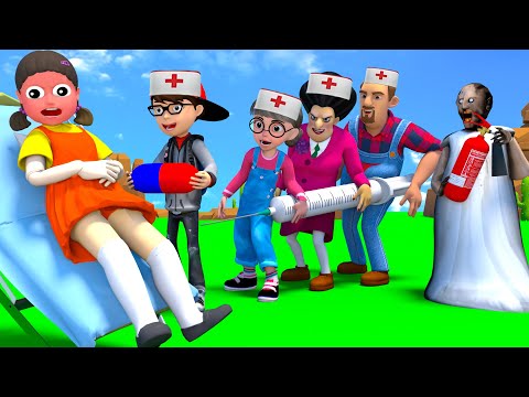 Scary Teacher 3D vs Squid Game DOLL Become a Doctor Rescuing Pregnant Doll 5 Times Challenge