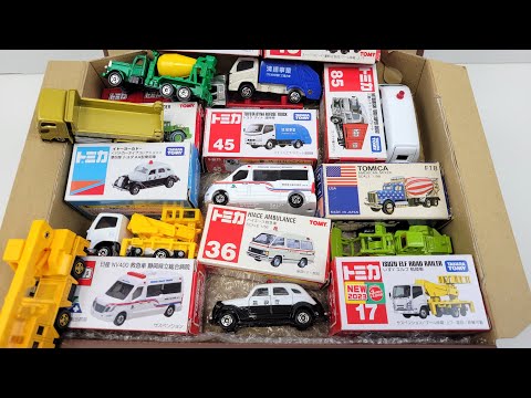 トミカ☆『緊急車両＆建設車両』ミニカーと同じ絵柄の箱に収納してみた！Tomica Construction & Emergency Vehicles Stored in a Box!