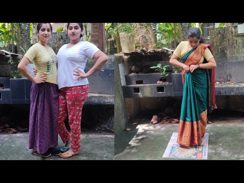 ചേച്ചിടെ സാരി  ഉടുക്കാൻ പഠിച്ചാലോ 😳#trending #challenge