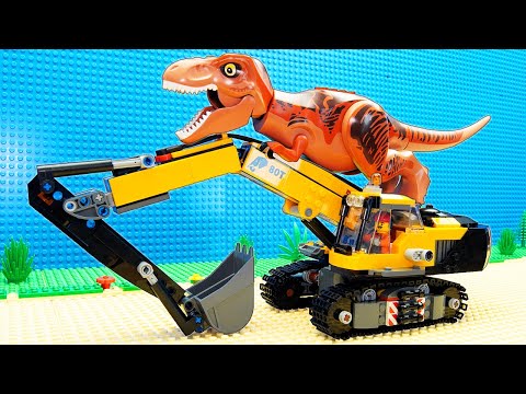 Lego Jurassic World T-Rex vs Excavator and Police Cars
