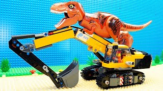 Lego Jurassic World T-Rex vs Excavator and Police Cars